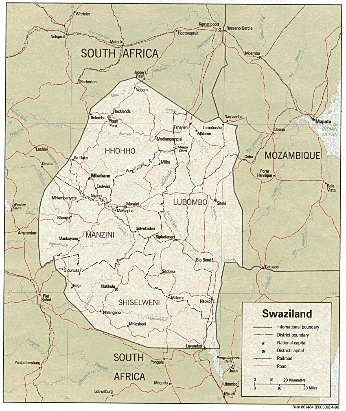 Karte von Swasiland zeigen Grenzposten